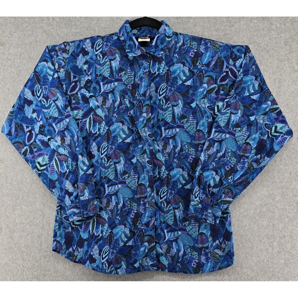 Vtg ROPER Western Shirt Women L Button Teal Feathers Wide Long Sleeves Flap Pads